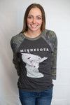 Dark Grey Heather, Camo sleeved baseball tee with raglan sleeves. On the shirt front is a light grey graphic of the state of Minnesota and its cities. Sizes small to 3X-Large. A Scratchpad  Tees original design.