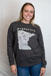 A long sleeved Dark Grey Heather, cotton polyester tee shirt. The front graphic, the light grey front graphic shows Minnesota and most of its cities. Scratchpad Tees original design. 