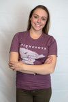 A woman wearing a unisex sized, Heather Maroon crew neck, cotton polyester, short sleeve tee. Front white graphic is of Minnesota and its cities. Sizes small to 3X-Lagre. A Scratchpad Tees original design.