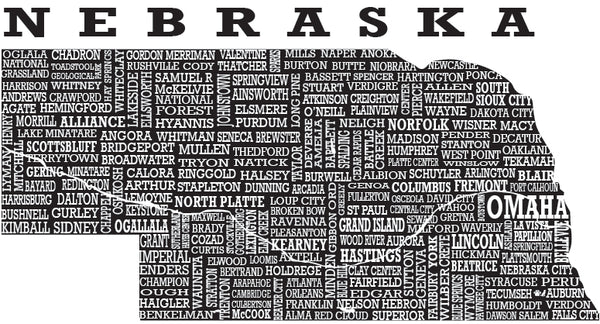 The graphic for Hometown Nebraska. A picture of Nebraska and most of its cities typed in the state.