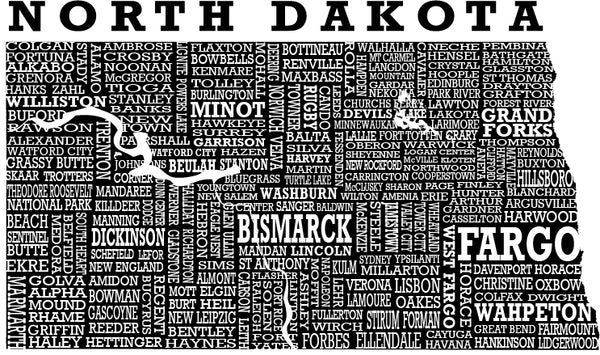 A photo of the Hometown North Dakota design which shows the state, with most of its cities typed, in different sizes and fonts, geographically located in the state.