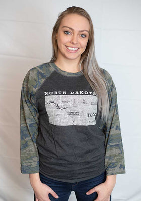 Hometown North Dakota Baseball Tee - Smoke/Camo