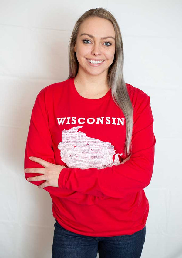 A Red long sleeved tee. White front graphic shows Wisconsin and 95% of it's cities. 