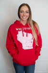 A Red hooded, pouch front sweatshirt. Front light grey graphic shows Wisconsin and 95% of it's cities. Sizes small to 3X-Large. A scratchpad Tees original design.