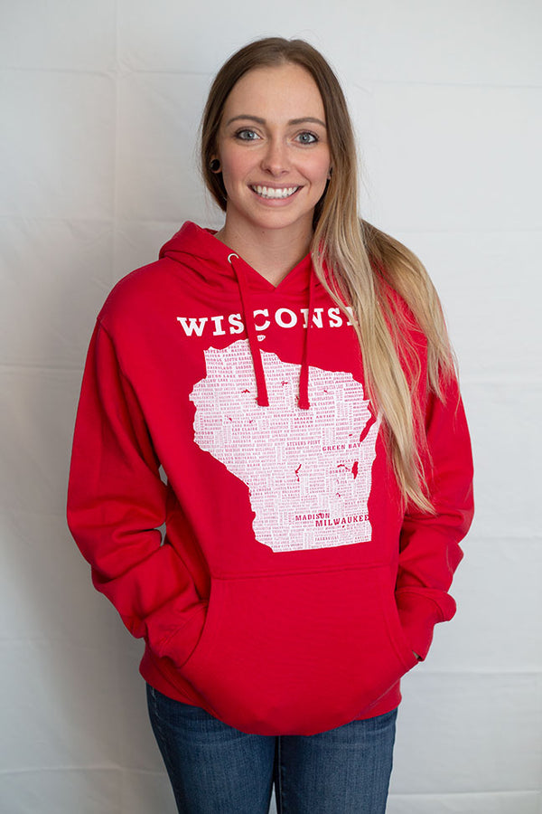 A Red hooded, pouch front sweatshirt. Front light grey graphic shows Wisconsin and 95% of it's cities. Sizes small to 3X-Large. A scratchpad Tees original design.