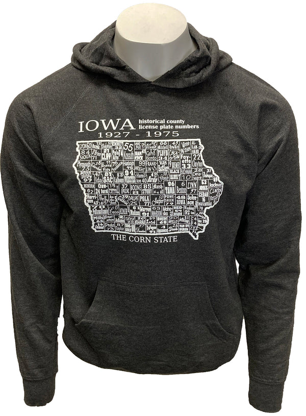 A male mannequin wearing a Charcoal Heather, unisex, pouch front hooded sweatshirt.  The white front graphic is a map of Iowa's counties, by historical number and name. Available in sizes Small to 3 X-Large