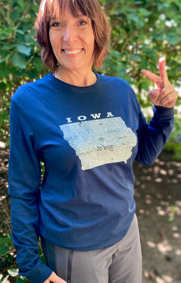 Original Scratchpad Tees design. A Midnight Navy sueded long sleeved tee with a graphic of the state of Iowa and the town names.