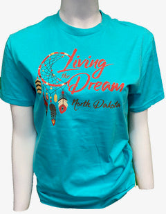 North Dakota-Living The Dream Short Sleeve Tee Shirt-Tahiti Blue/Light Grey
