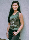 A Military Green tank with Happy Camper graphic on the front.