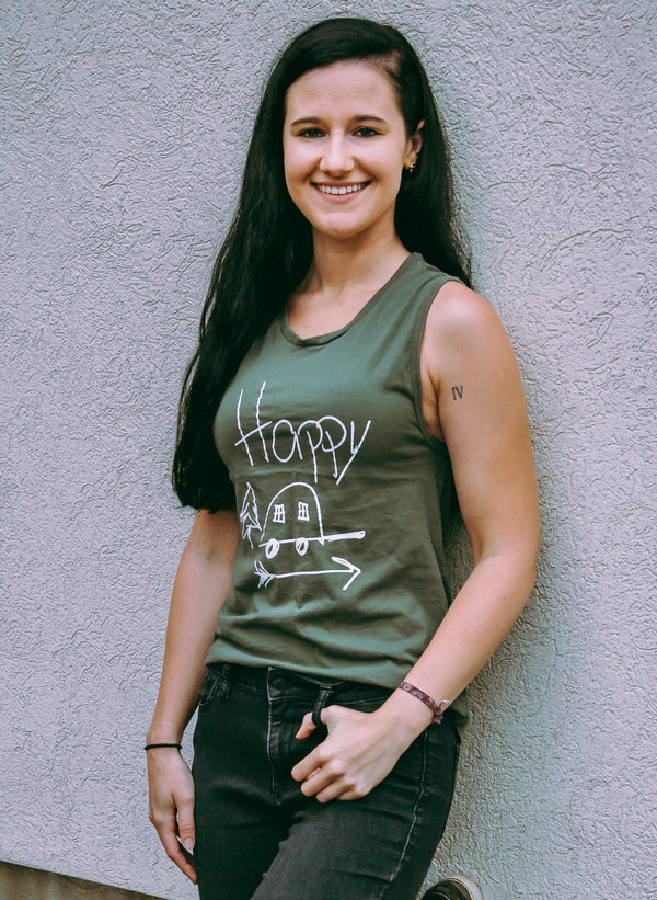 A Military Green tank with Happy Camper graphic on the front.