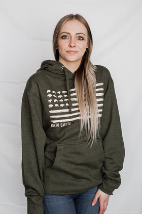 North Dakota Bison Flag Hooded Sweatshirt - Army Heather