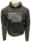 A male mannequin wearing a Charcoal Heather, unisex, pouch front hooded sweatshirt. The white front graphic is a map of Nebraska's counties, by number and name. Wording reads Nebraska, The Cornhusker state. Available in sizes Small to 3 X-Large