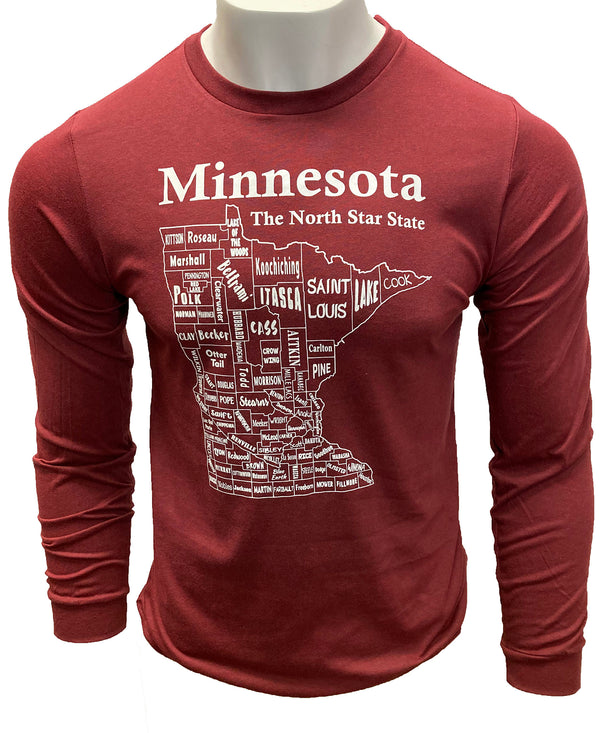 A male mannequin wearing a Cardinal Heather, unisex, long sleeved crew neck shirt. The white front graphic is a map of Minnesota's counties, by name. Wording above design is Minnesota, The North Star State. Available in sizes Small to 3 X-Large