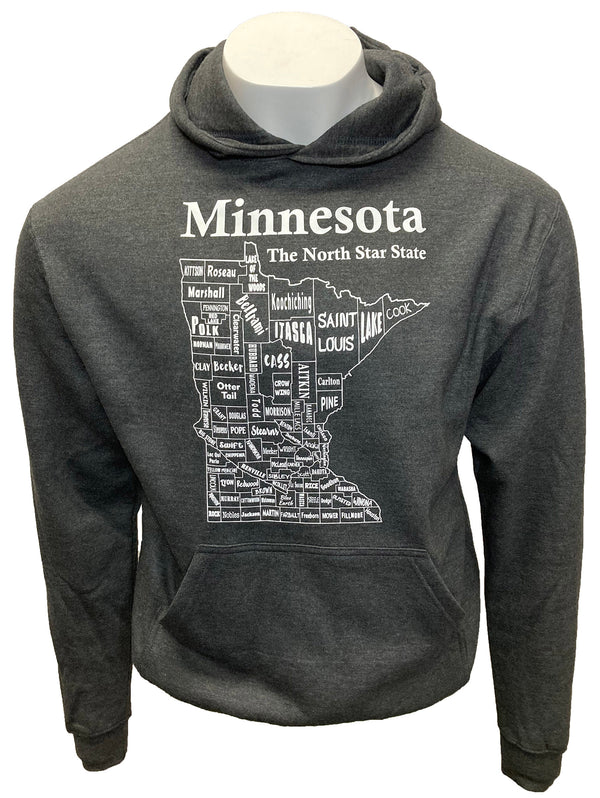 A male mannequin wearing a Graphite Heather, unisex, pouch front hooded sweatshirt. The white front graphic is a map of Minnesota's counties, by name. Wording above design is Minnesota, The North Star State. Available in sizes Small to 3 X-Large