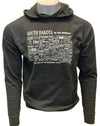 A male mannequin wearing a Charcoal Heather, unisex, pouch front hooded sweatshirt. The white front graphic is a map of South Dakota's counties, by historical number and name. Wording reads South Dakota, The Mount Rushmore State. Available in sizes Small to 3 X-Large