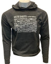 A male mannequin wearing a Charcoal Heather, unisex, pouch front hooded sweatshirt. The white front graphic is a map of South Dakota's counties, by historical number and name. Wording reads South Dakota, The Mount Rushmore State. Available in sizes Small to 3 X-Large