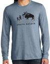 A male model wearing a Flint Blue Tri-blend crew neck long sleeved tee shirt. The front graphic includes a charging buffalo launching a tourist family up in the air. The caption reads; Tossin' Tourists since 1889 in South Dakota.
