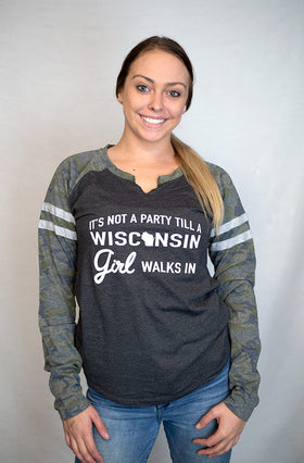 Wisconsin Party Girl Long Sleeve Tee Shirt - Smoke/Camo